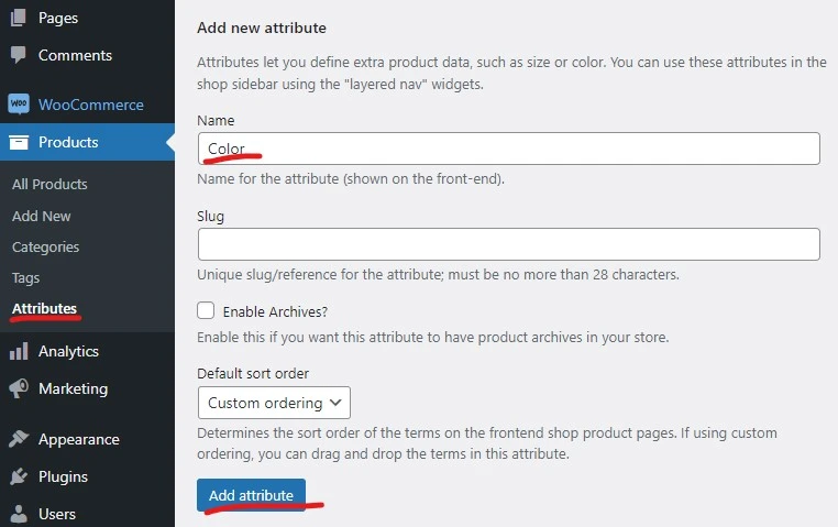 woocommerce how to add attributes