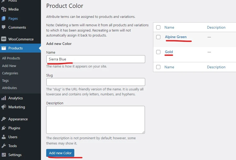 add product colors in woocommerce