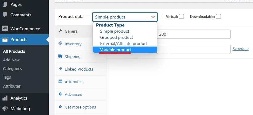 create variable product in woocommerce