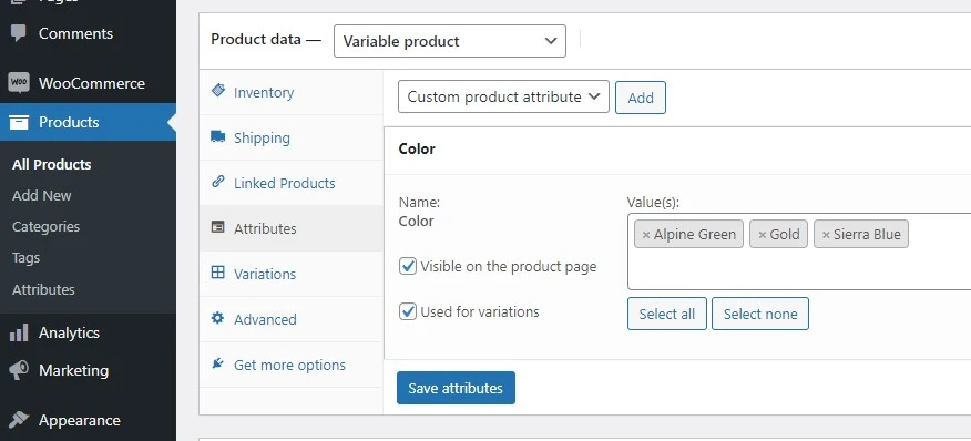 variable product in woocommerce-