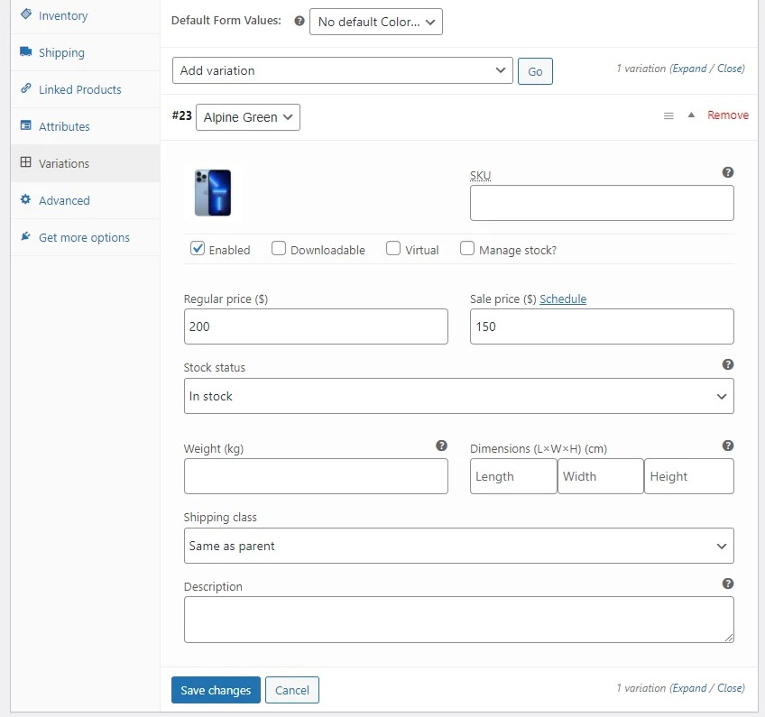 woocommerce add product variations