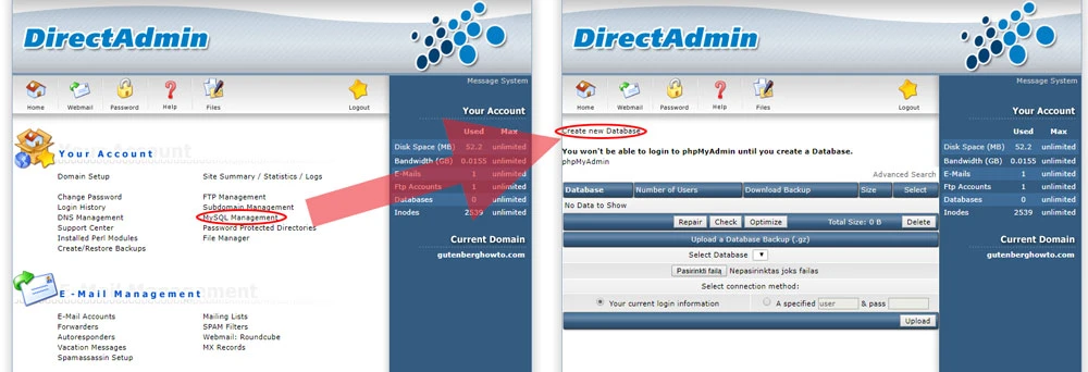 wordpress how to install using directadmin