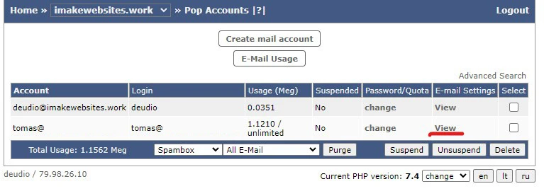 directadmin email stmp imap settings