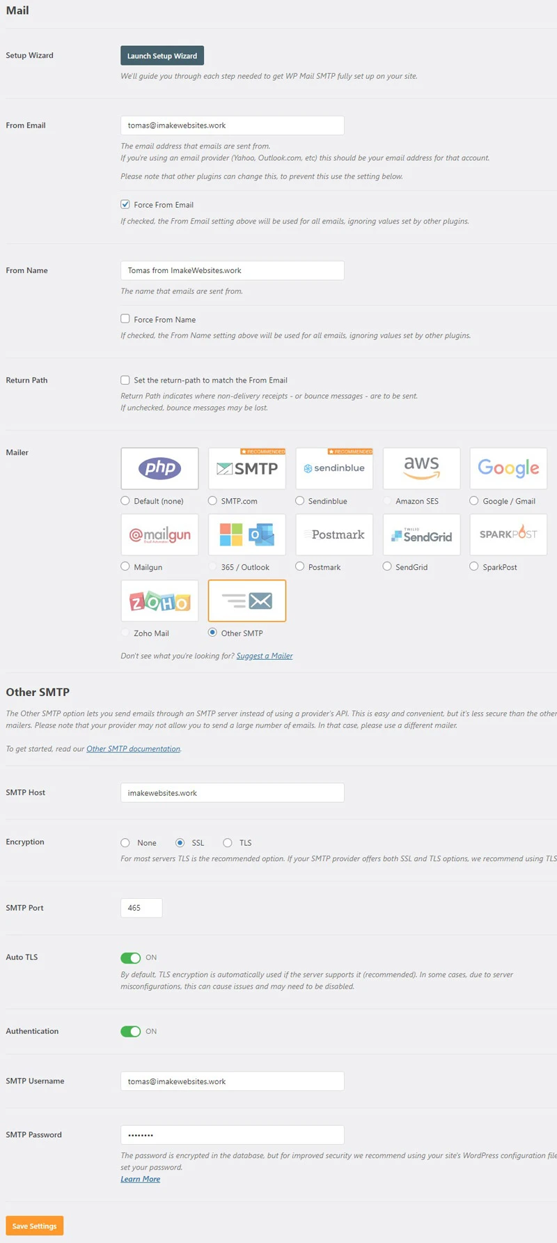 wordpress smtp settings