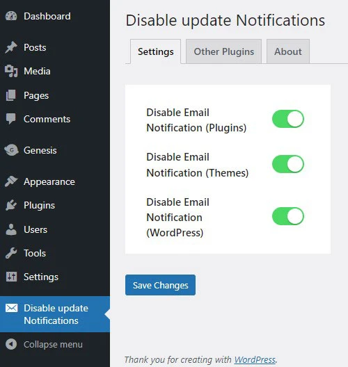 wordpress disable plugin update emails, theme update email or core update emails