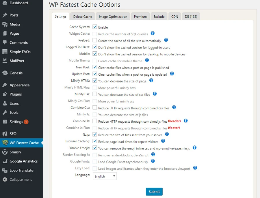 wordpress cache plugin settings