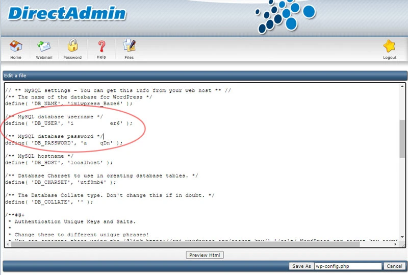 where to find wordpress database username and password in directadmin
