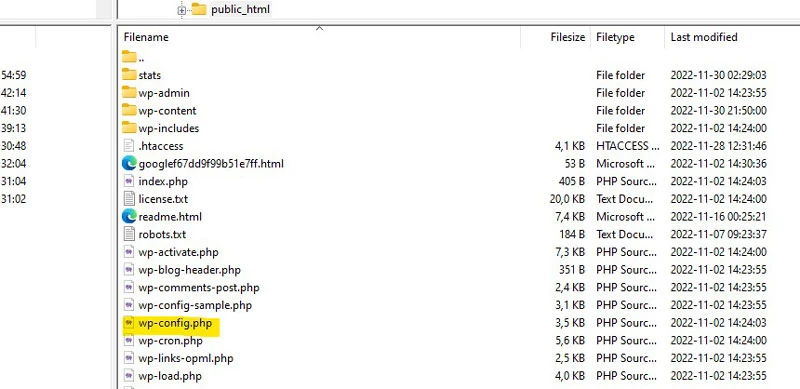 where to find wordpress configuration file in ftp to change database credentials