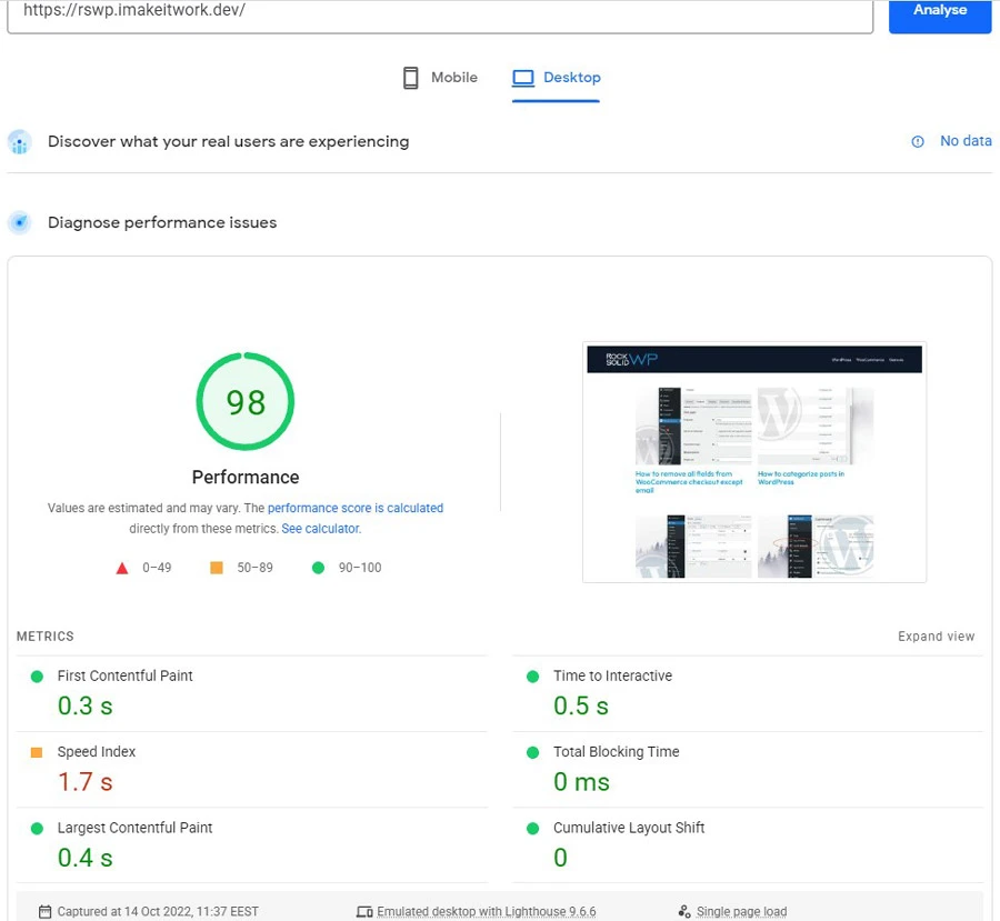 Website speed on desktop without analytics