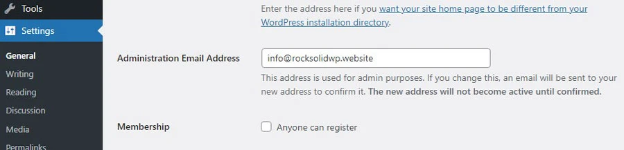 wordpress admin email address change