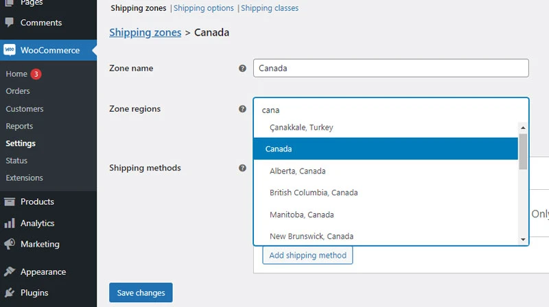 woocommerce setting up shipping zones