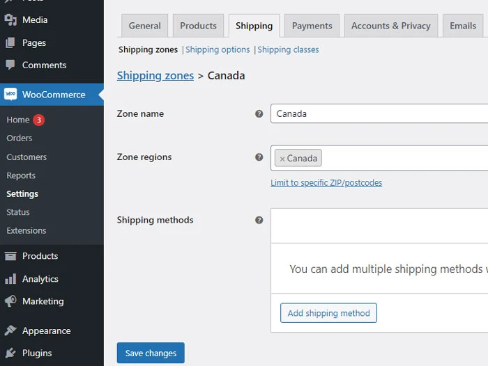 set up shipping zones in woocommerce