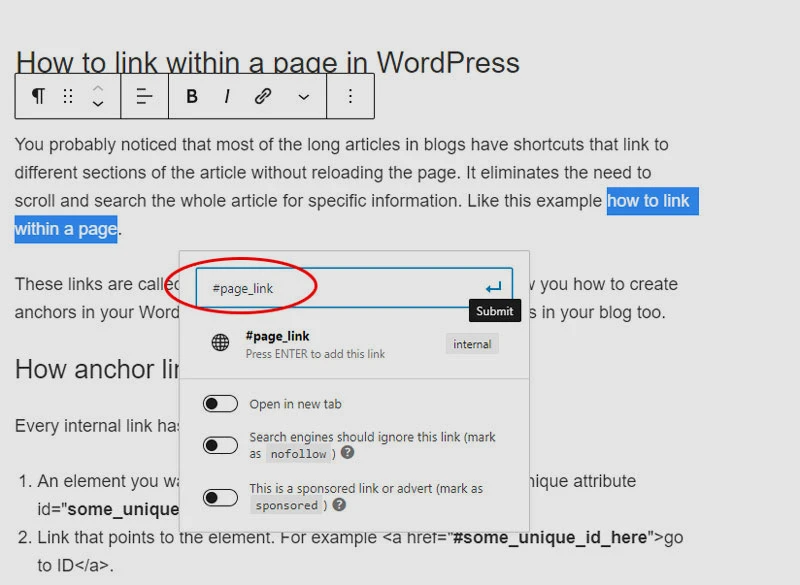 wordpress anchor links in gutenberg editor