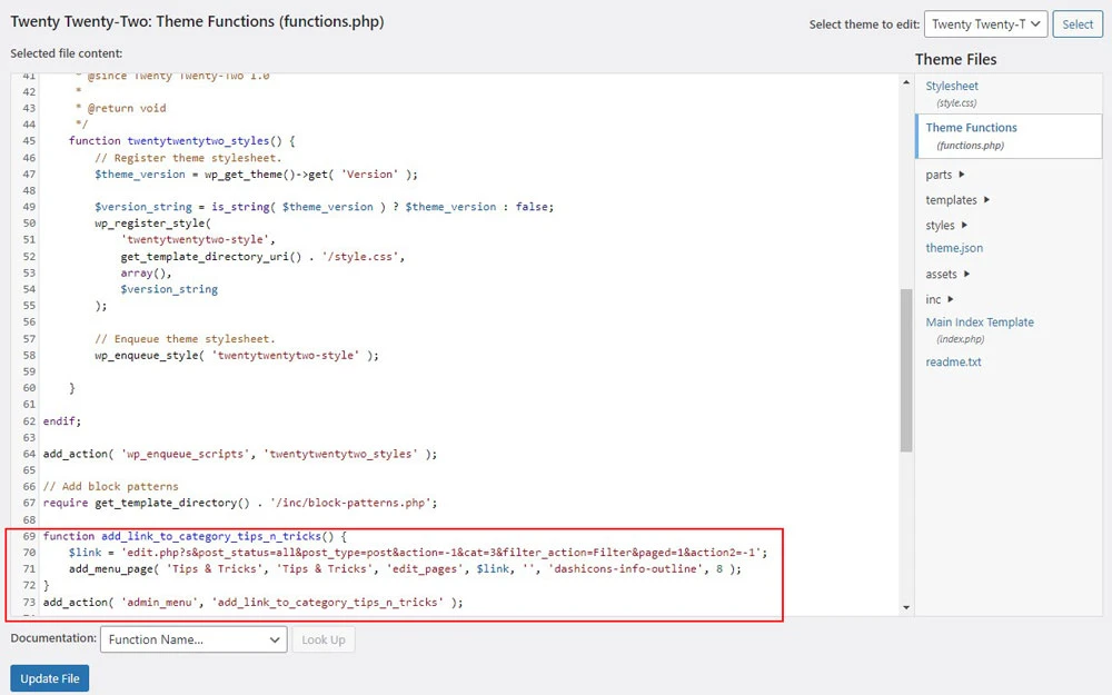 wordpress get filter link for shortcut in wordpress admin menu