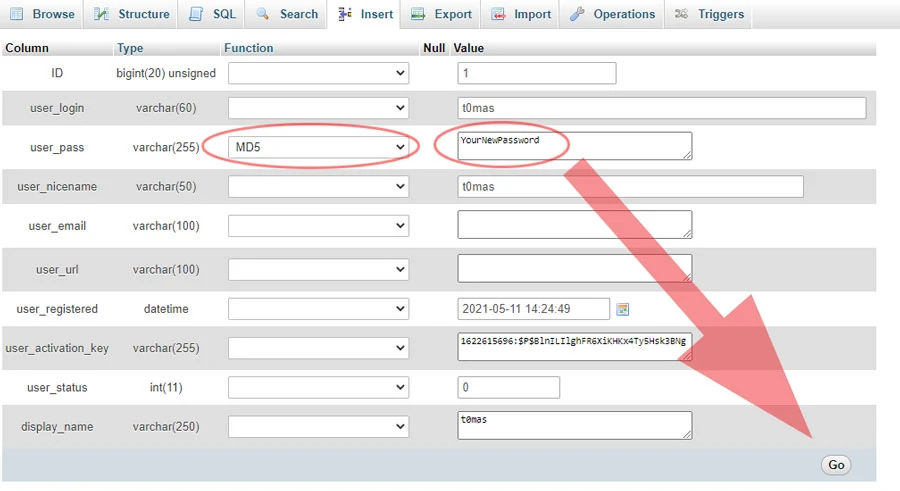 update wordpress user password using phpmyadmin