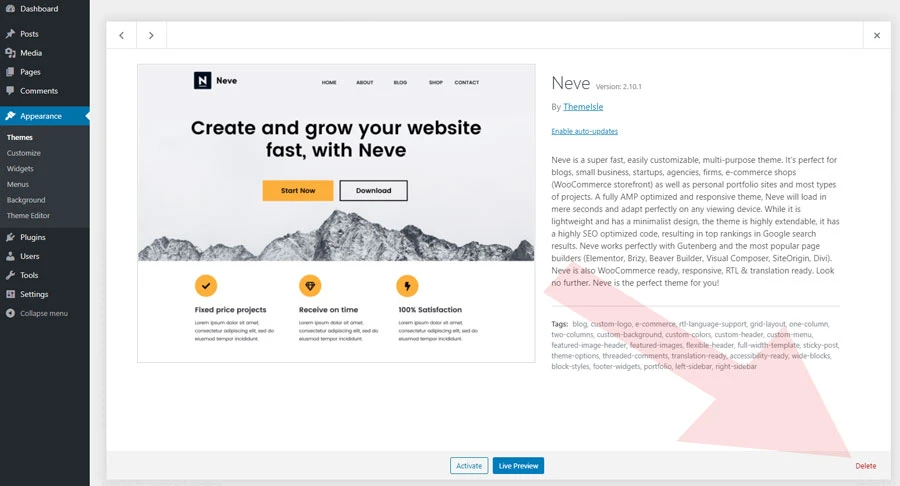 how to delete theme in wordpress