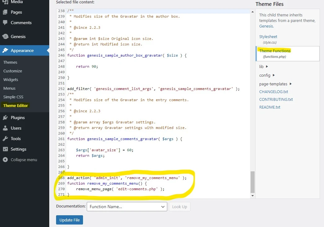how to remove comments link from wordpress admin menu