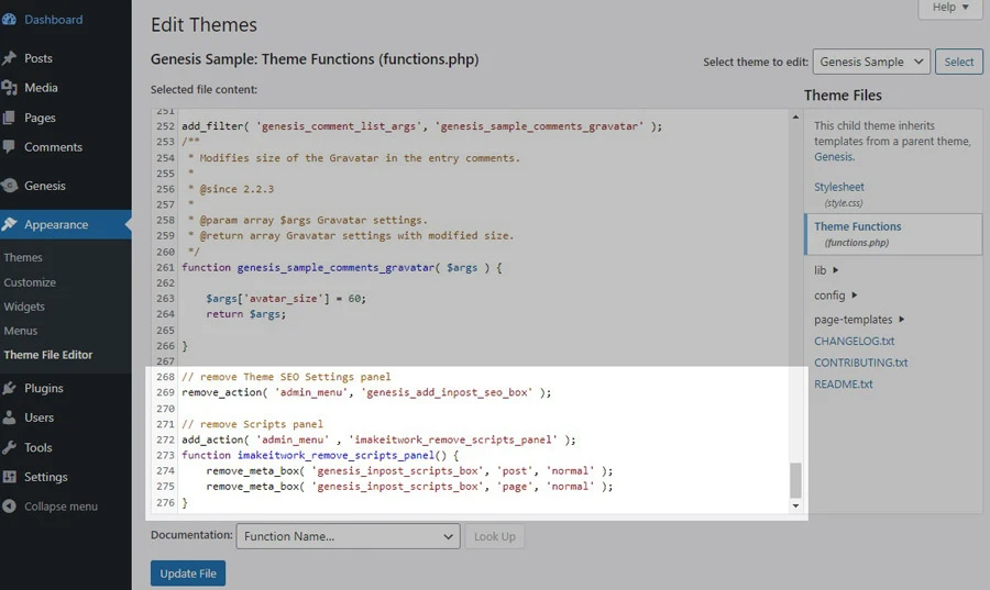 wordpress genesis sample how to disable scripts and theme seo settings panels