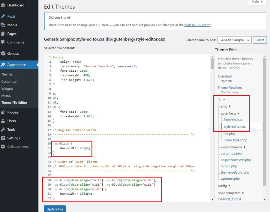 make wordpress editor wider in Genesis Sample theme