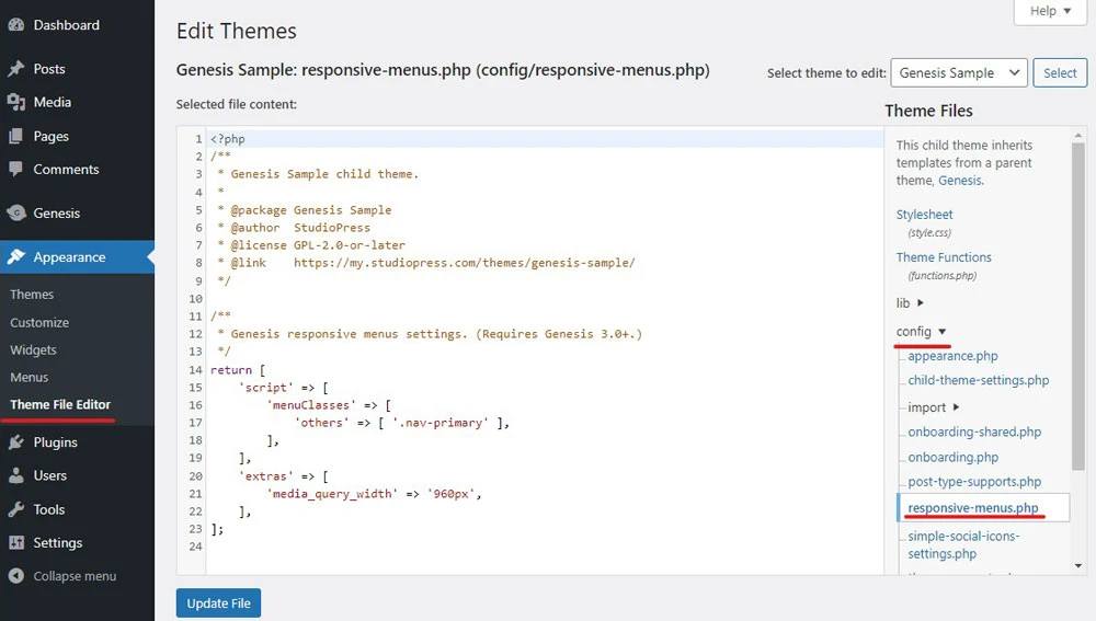 wordpress how to edit word menu in genesis sample theme