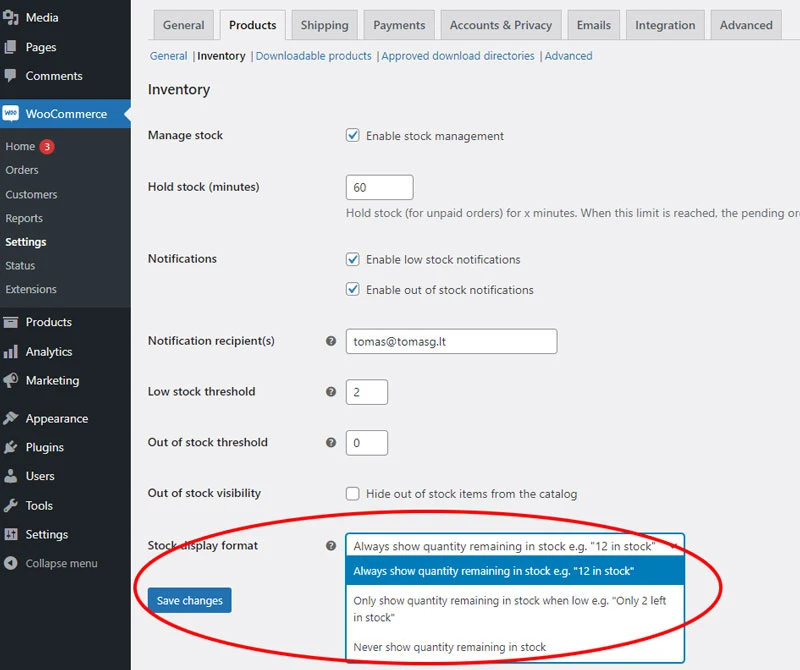 stock display settings in woocommerce