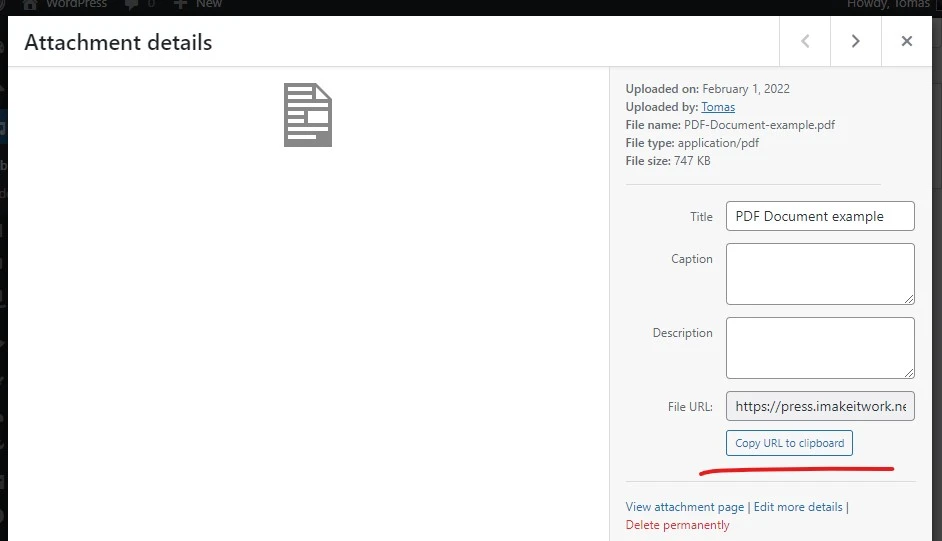how to copy url of uploaded file in wordpress
